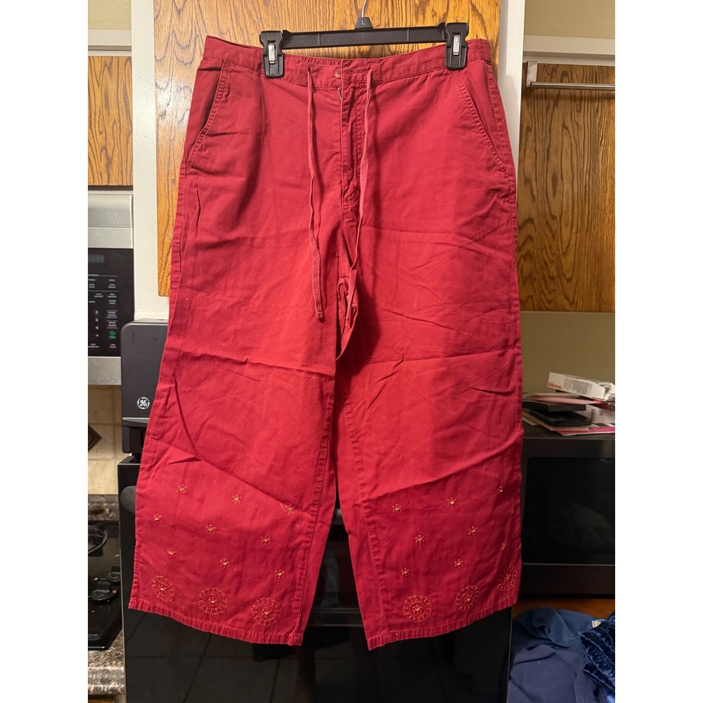 White Stag Red Cotton Embroidered Wide Leg Cropped Pants Womens 14 Drawstring